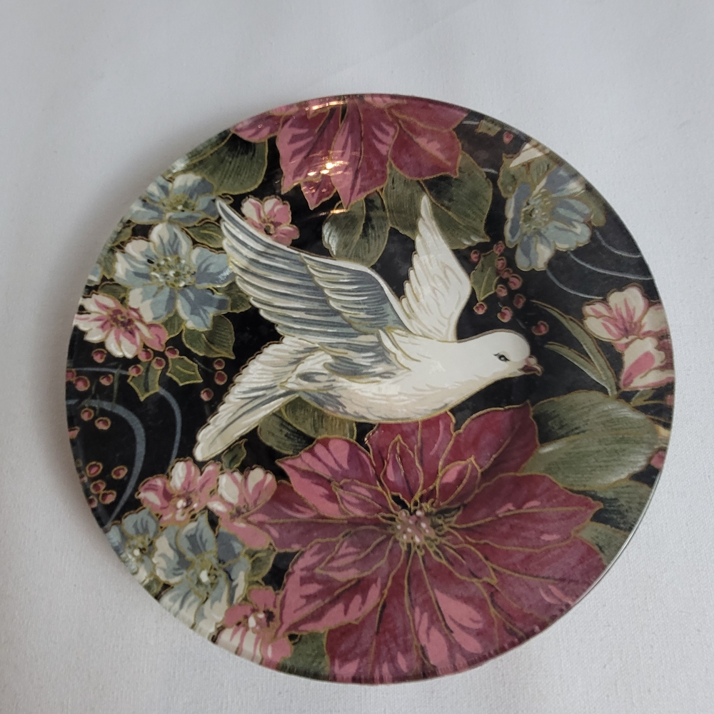 Reverse Decoupage Dove And Flower Christmas Plate